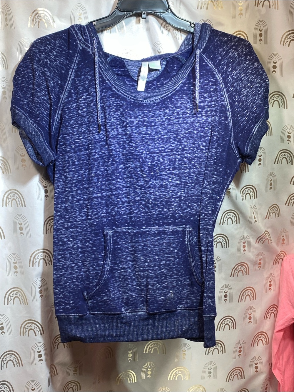 Women's Short-Sleeve Marled Navy Hoodie with Kangaroo Pocket